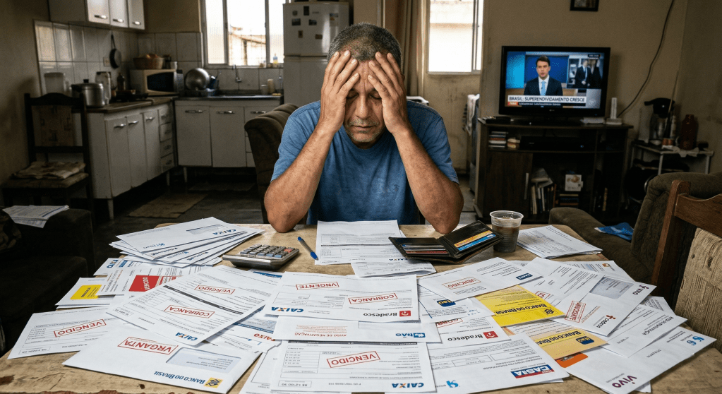 A imagem é de um consumidor desolado diante da quantidade de contas a pagar